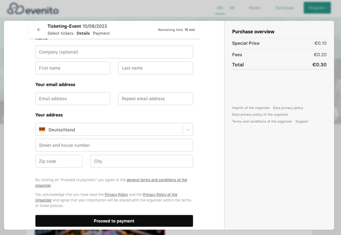 How does a ticket purchase process work in evenito?3