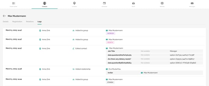 View and edit contact details (personal information, participant responses, relationships, logs, login status)7